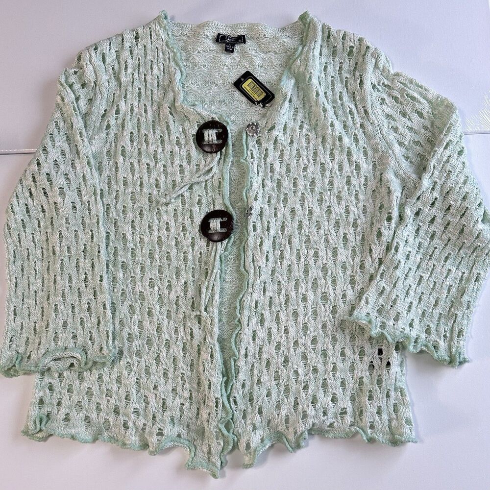 NWT Lisa International Y2K Crochet Cardigan Mint Green Open Knit Boho Toggle L